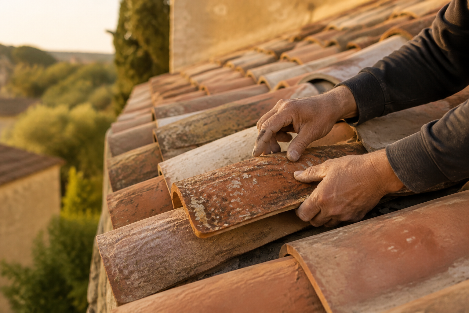 Pose de tuiles à la main sur une toiture en rénovation