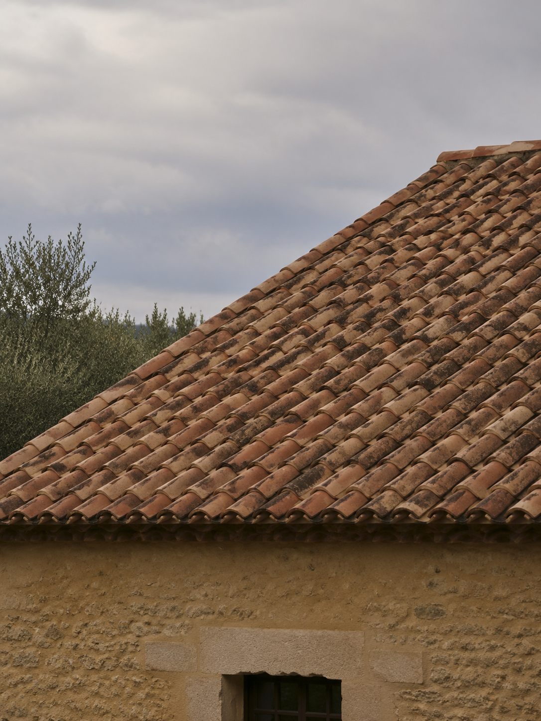 Toiture en tuiles sous un ciel nuageux